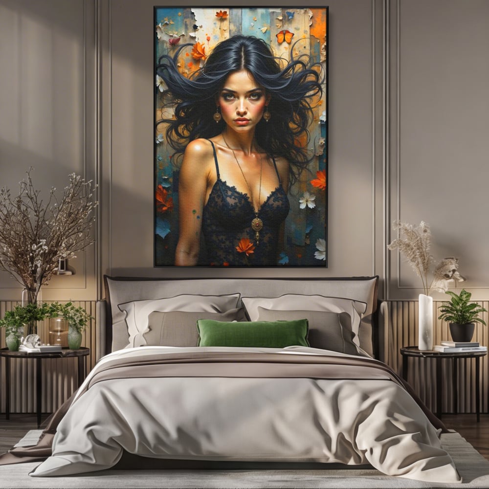 Tablou canvas cu tablou canvas cu portret de femeie par negru fluturi si frunze, in rama de aluminiu negru, pe perete intr-un dormitor